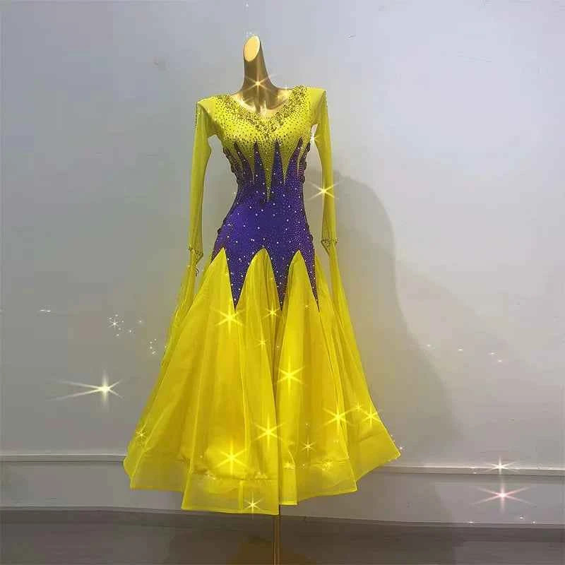 Customized Gold with Violet Ballroom Dance Dress for Women Crystal Bling Waltz Tango Foxtrot Dance Gown