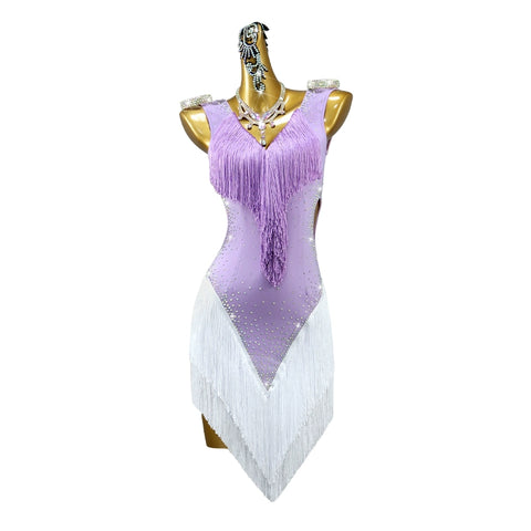 Lavender Latin Dance Competition Dresses for Women Girls Light Purple with White Fringe Salsa Rumba Samba Chacha Dance Costumes - Moderndancedress.com
