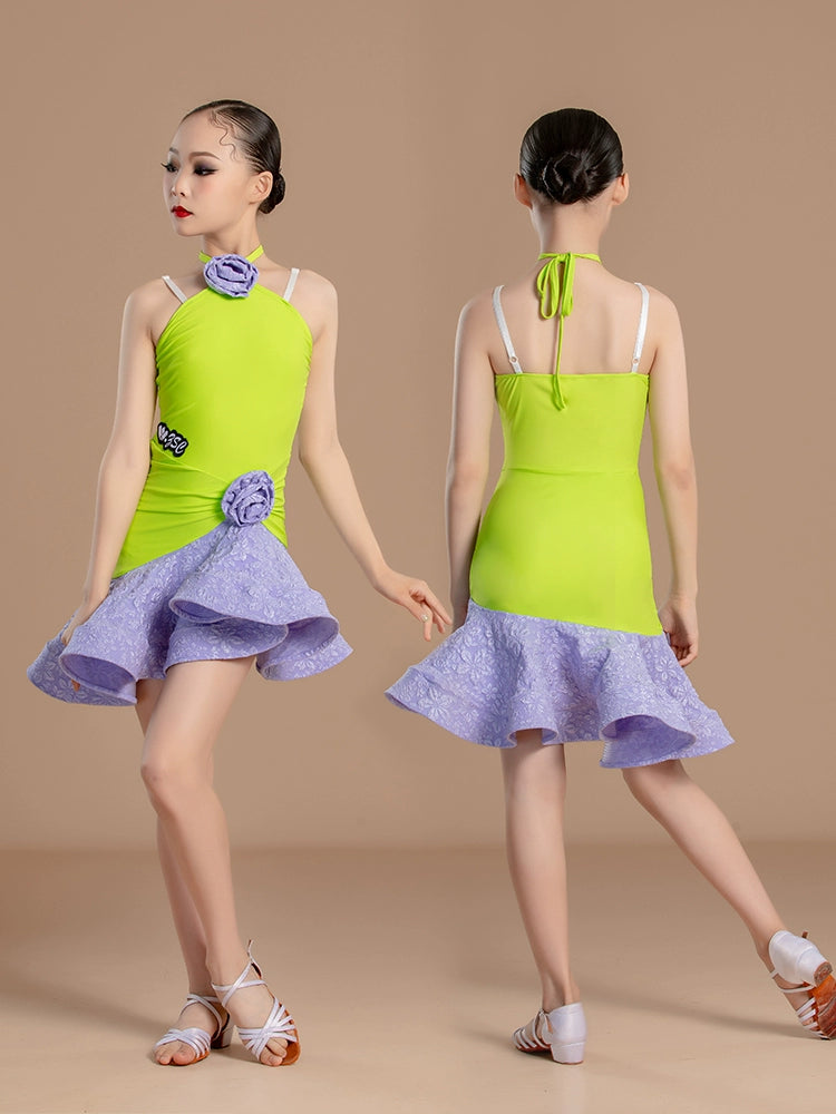 Latin dance dresses for girls kids green purple ballroom salsa performance outfits for children's suspender dance training clothes - Moderndancedress.com