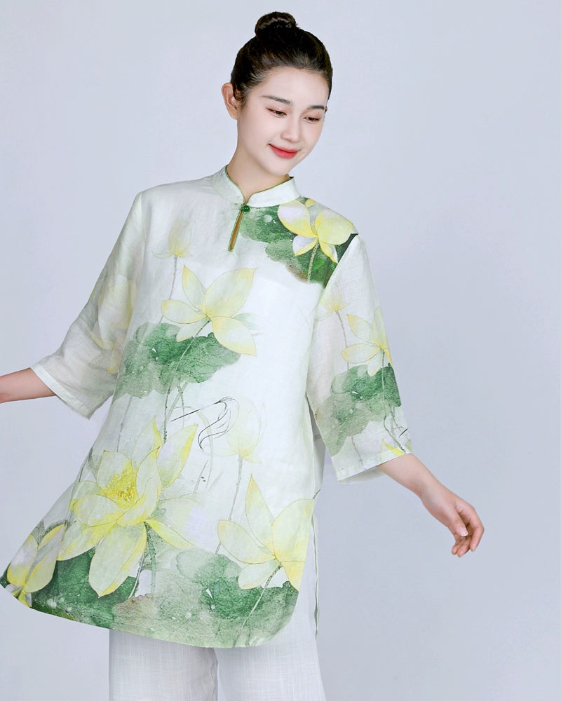 Tai Chi clothing for women green lotus linen breathable wushu martial art chinese kung fu morning exercises performance uniform for female - Moderndancedress.com