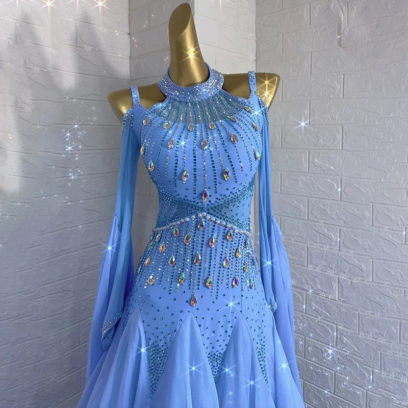 Custom Size Blue Ballroom Dance Dresses for Women Girls Waltz Tango Competition Performance Gown Off Shoulder - Moderndancedress.com