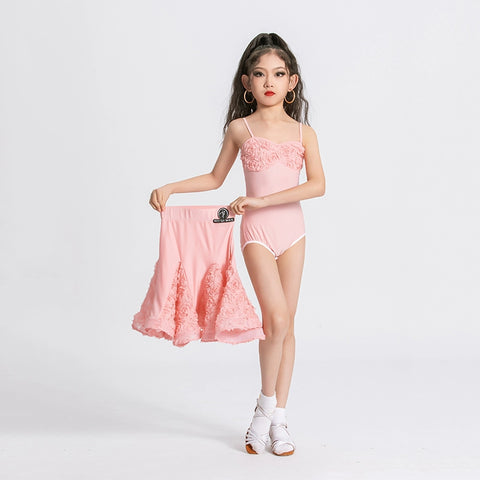 Children's pink rose flowers latin dance dresses girls salsa rumba chacha dance outfits flower dance wear for kids - Moderndancedress.com