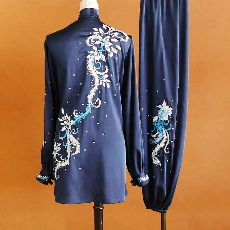 Custom Size Tai Chi Clothing Purple Blue Embroidered Flowers Wushu Martial Arts Competition Uniforms Baduanjin Clothes