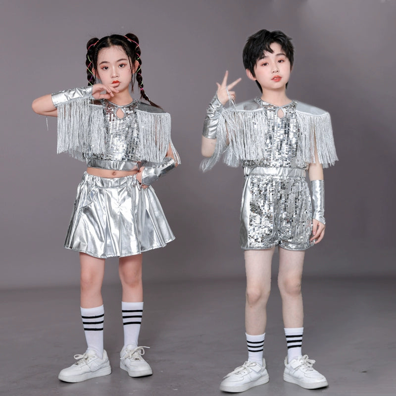 Children's Silver fringe Sequins jazz dance Costumes Hip Hop Catwalk Models Dance outfits for  Boys Girls - Moderndancedress.com