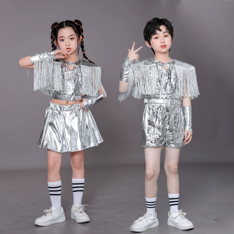 Children's Silver fringe Sequins jazz dance Costumes Hip Hop Catwalk Models Dance outfits for  Boys Girls - Moderndancedress.com