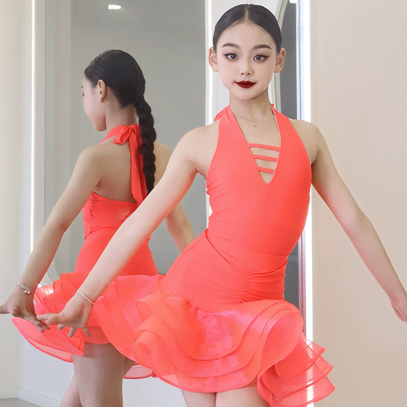 Girls Latin Dance Dresses Orange Halter Neck Ruffles Ballroom Salsa Rumba Chacha Performance Ouftis for Kids - Moderndancedress.com