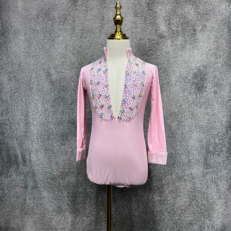 Custom Size Pink Rhinestones Boys Latin Dance Shirts Salsa Ballroom Flower Costume Competition Performance Top for Kids - Moderndancedress.com