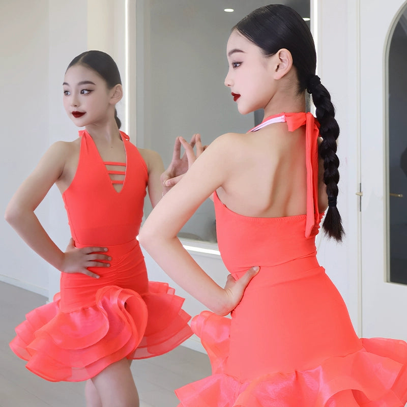 Girls Latin Dance Dresses Orange Halter Neck Ruffles Ballroom Salsa Rumba Chacha Performance Ouftis for Kids - Moderndancedress.com