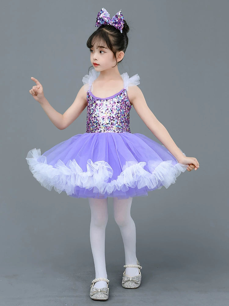 Girls light purple sequined tutu skirt ballet princess dress kindergarten kids modern jazz dance costume - Moderndancedress.com