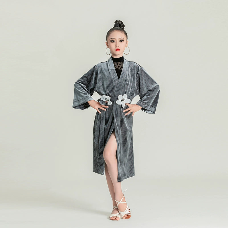 Girls kids leopard black velvet Latin dance robe for children ballroom salsa rumba practice dancing catwalk performance outwear long coat