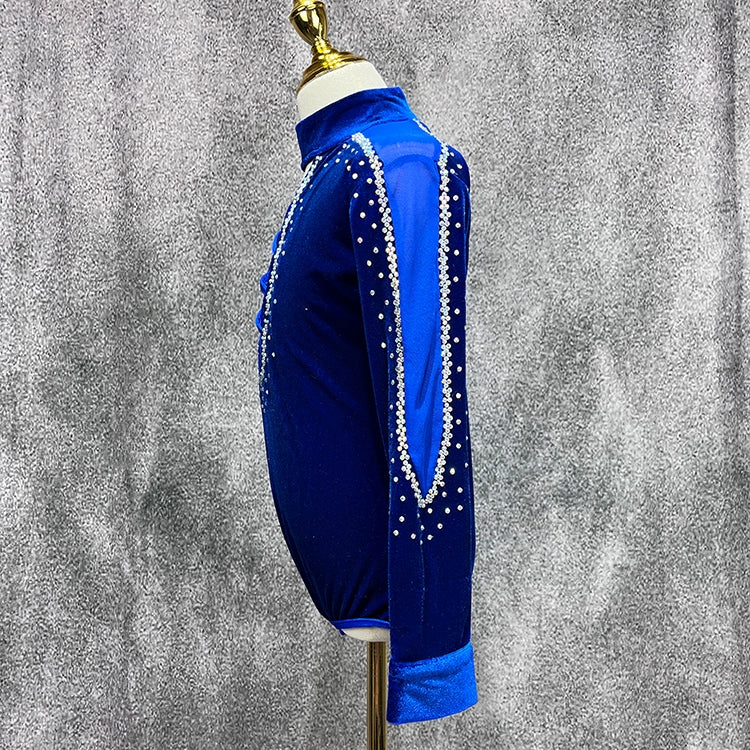 Children Boys Royal Blue Velvet Latin Dance Shirts Kids Rhinestones Turtle Neck Ballroom Latin Dance Competition Leotard Tops - Moderndancedress.com