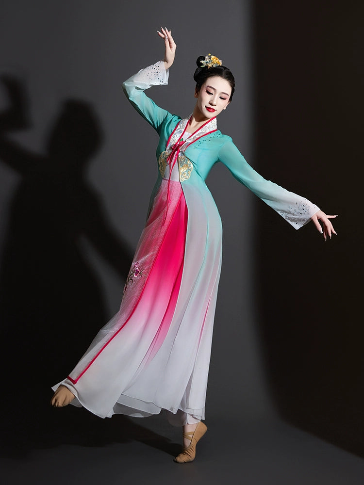 Girls blue pink Taoli Cup chinese folk classical dance costumes fairy hanfu fan dance elegant performance art test dress for women - Moderndancedress.com