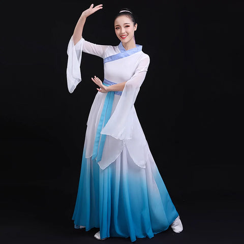 Hanfu Chinese Folk Dance Costumes  Classical Dance Costume elegant Chinese wind dance costume Jiangnan Umbrella Dance book and bamboo slips dance fairy skirt - Moderndancedress.com
