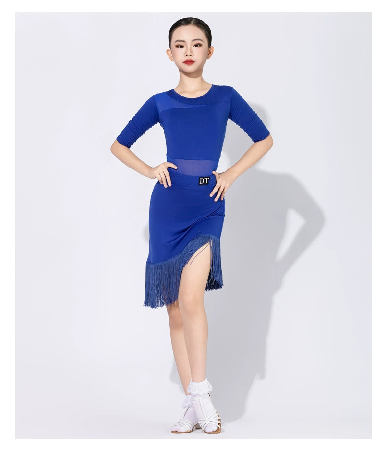 Royal Blue Fringe Latin Dance Dresses for Girls Kids Children Professional Ballroom Salsa Rumba Chacha Performance Outfits - Moderndancedress.com
