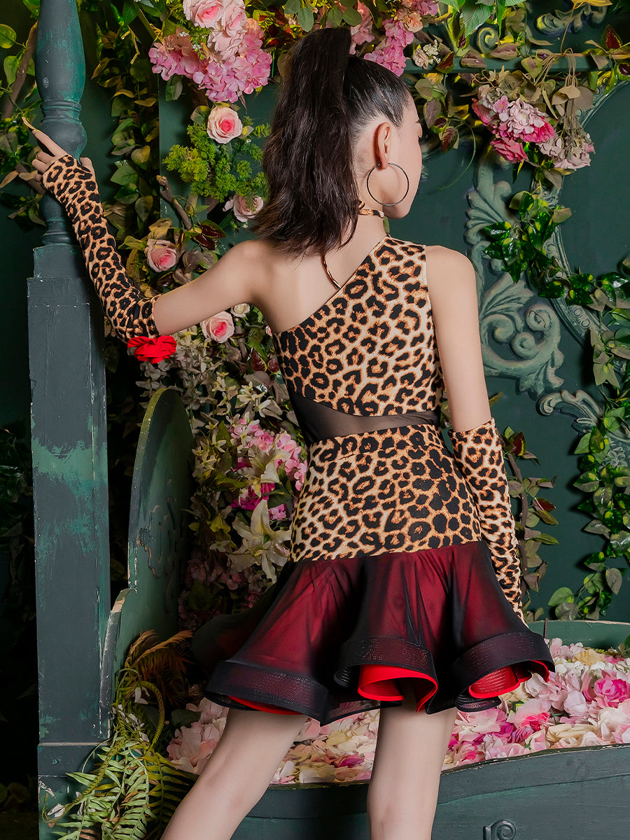 Children's leopard red rose Latin dance costume slant neck girls ballroom salsa rumba chacha latin performance dresses for kids - Moderndancedress.com