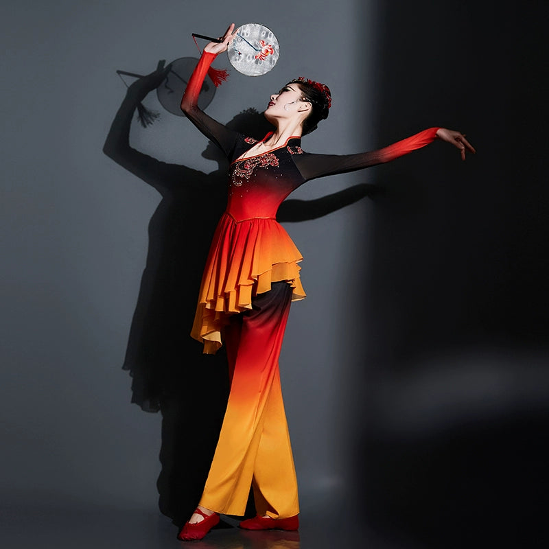 Red Chinese folk dance costumes for women girls Jiaozhou Yangge dance performance uniform classical fan dance repertoire dance art test wear - Moderndancedress.com