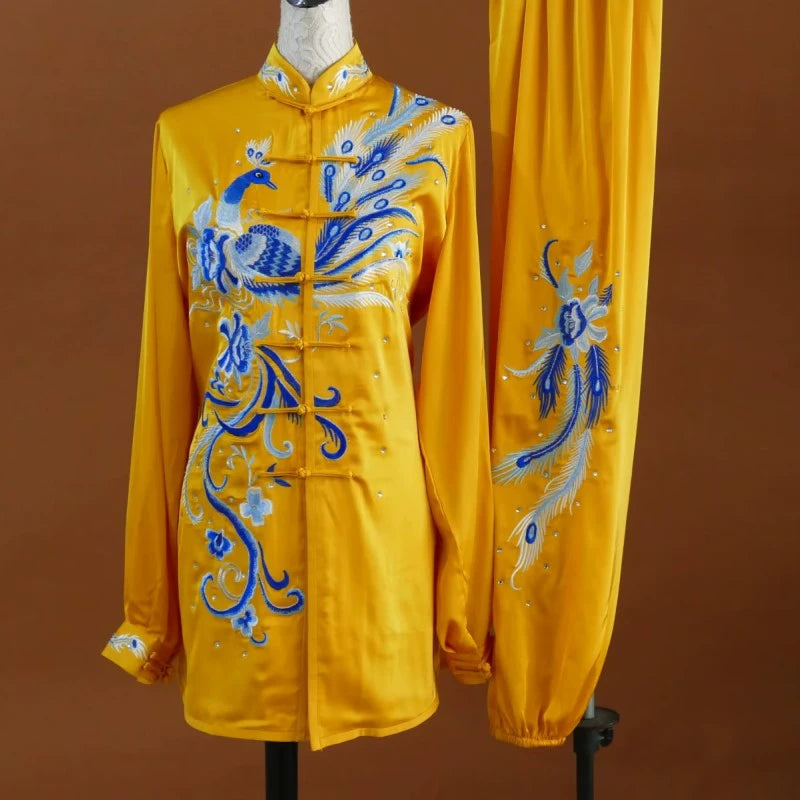 Custom Size Tai Chi Clothing Dark Green Embroidered Phoenix Wushu Martial Arts Kunfu Group Performance Uniforms - Moderndancedress.com
