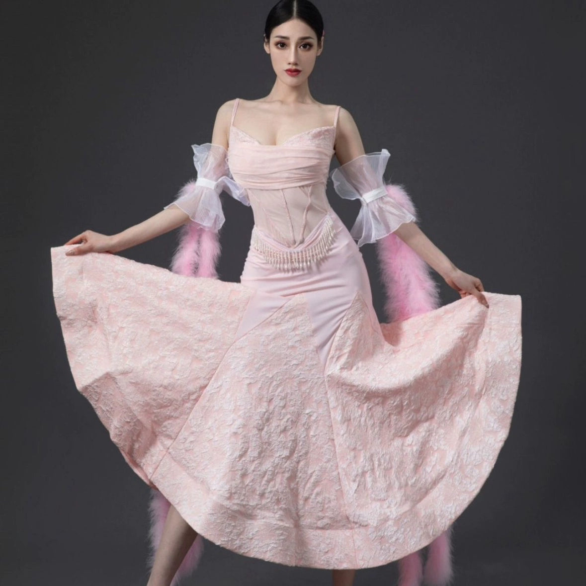 Pink Feather Ballroom Dance Dresses for Women Girls Green National Standard Waltz Tango Foxtrot Smooth Dance Long Swing Skirts - Moderndancedress.com
