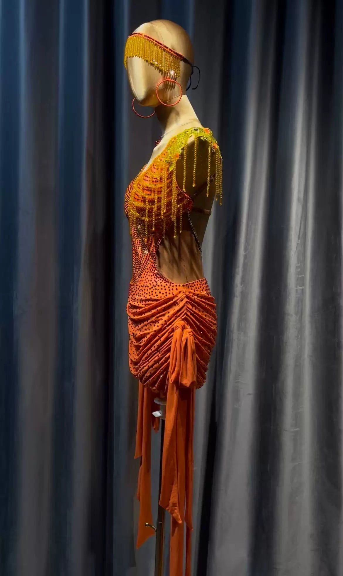 Custom Vibrant Orange Latin Dance Dress Rhinestone Fringe Competition Gown