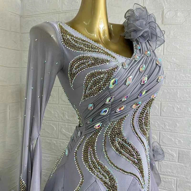 Customized Size Silver Competition Ballroom Dance Dresses for Women Girls Waltz Tango Rhythm Social Dance Gown