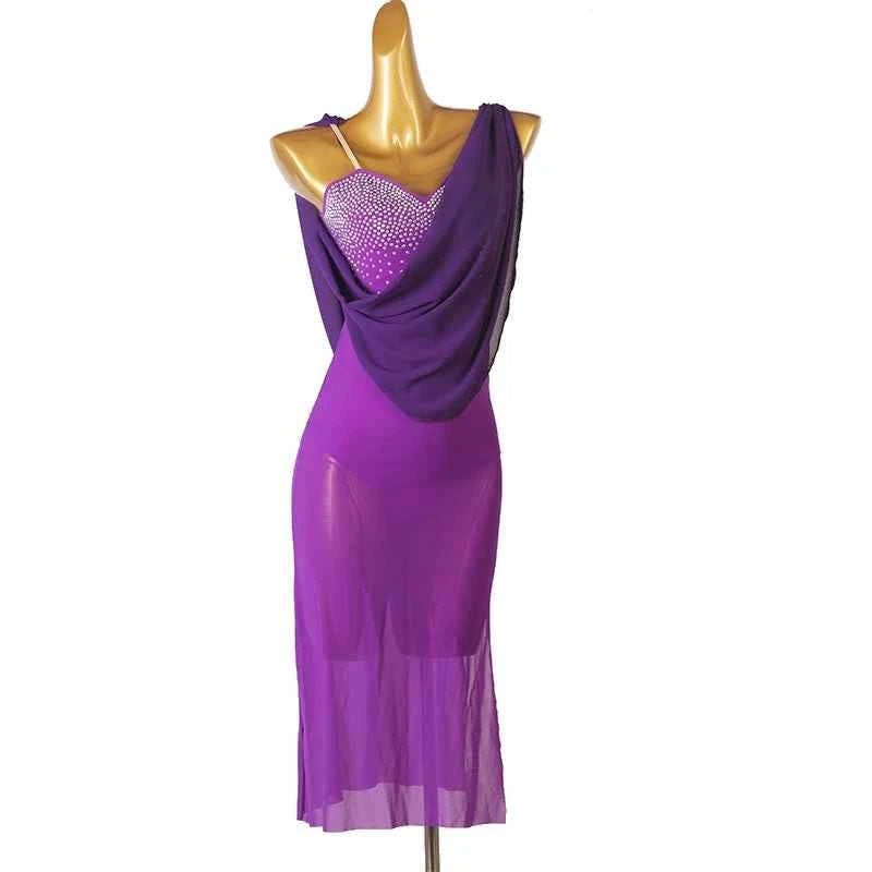 Red Blue White Flowy Latin Dance Dresses for Women Girls Slant Neck Salsa Rumba Chacha Jive Dance Long Skirt