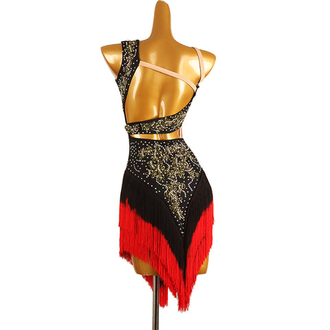 Red Black One Shoulder Latin Competition Dresses for Women Girls Slant Neck Diamond Bling Gradual Change Fringed Latin Salsa Chacha Dance Costume - Moderndancedress.com