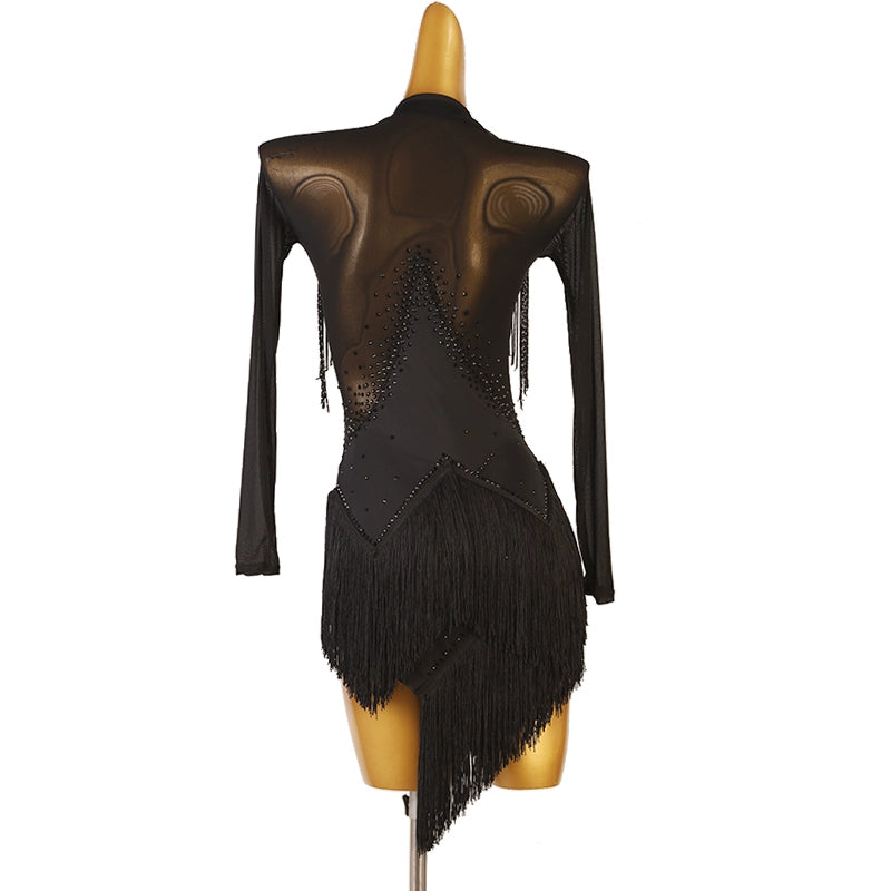 Black White Tube Bead Fringe Latin Dance Competition Dresses for Women Girls Salsa Rumba Chacha Performance Costumes Irregular Skirts - Moderndancedress.com