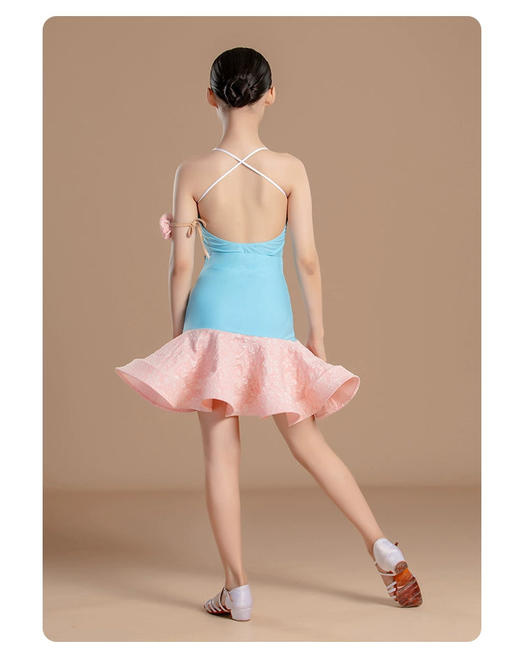 Pink blue flowers Latin dance dresses for girls kids ballroom salsa rumba chacha  split Latin training clothes for children - Moderndancedress.com