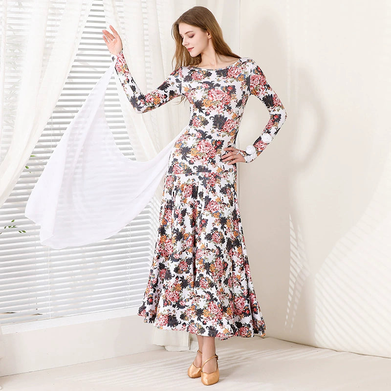 Rose White Flowers Floral Ballroom Dance Dresses for Women Girls Modern Waltz Tango Foxtrot Rhythm Flamenco Dance Costume - Moderndancedress.com
