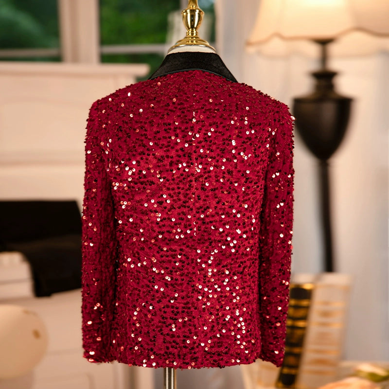 Boys Red Sequins Jazz Dance Coats Kids Singers Host Choir Model Piano Performance Blazers Wedding Party Flowers Boys Jackets Photos Shooting Suit - Moderndancedress.com