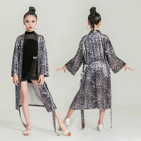 Girls kids leopard black velvet Latin dance robe for children ballroom salsa rumba practice dancing catwalk performance outwear long coat