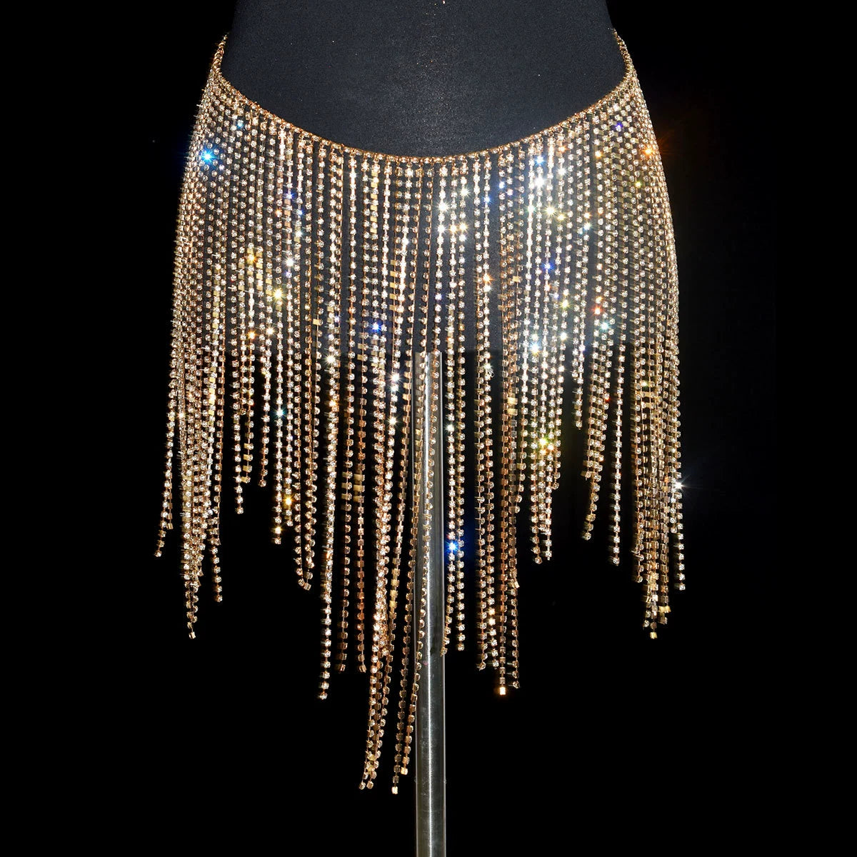 Women girls latin jazz rave dance Rhinestone tassel waist chain hollow bling hot pole dance tassel skirt belly dance body chain belts - Moderndancedress.com