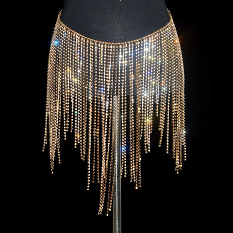 Women girls latin jazz rave dance Rhinestone tassel waist chain hollow bling hot pole dance tassel skirt belly dance body chain belts - Moderndancedress.com