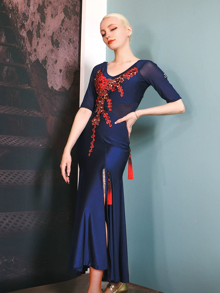 Navy ballroom dance dresses for women girls red embroidery flowers modern waltz tango side slit dance swing skirts for female - Moderndancedress.com