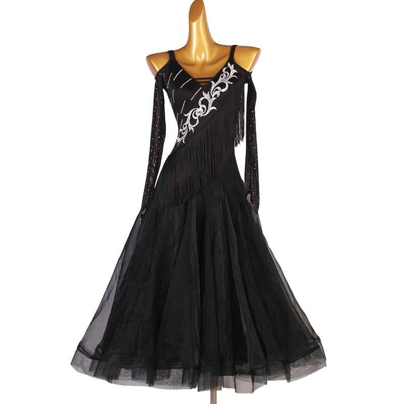 Red Silver Pattern Ballroom Dance Dress for Women Waltz Tango Black Fringed Rhythm Performance Long Gown - Moderndancedress.com