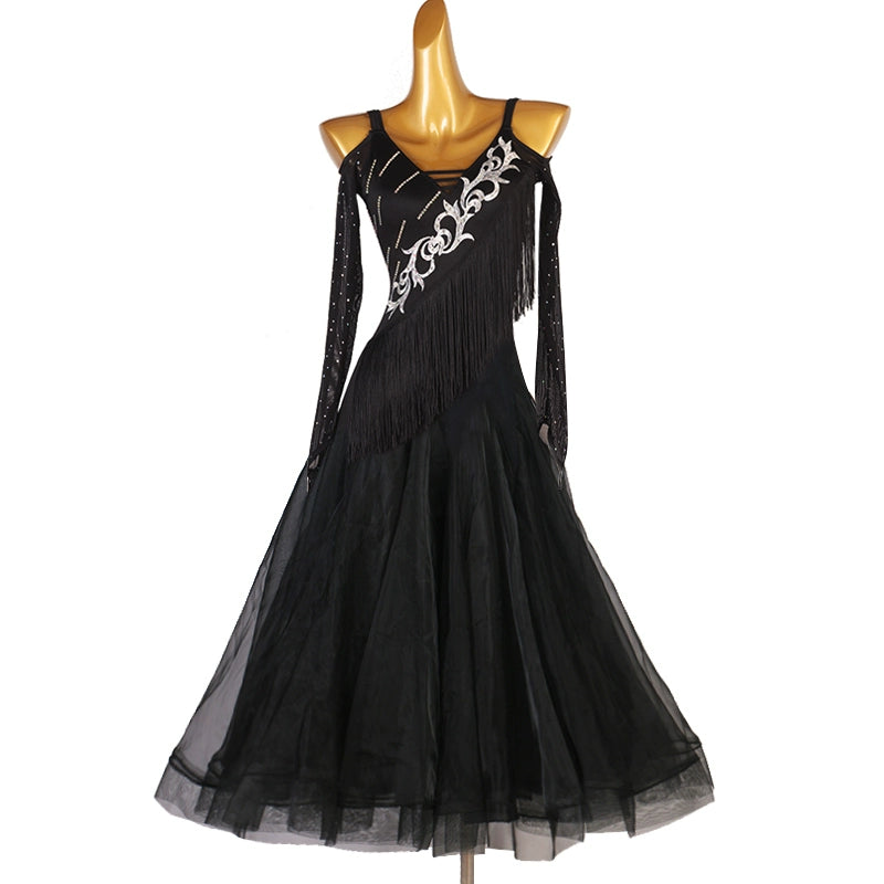 Red Silver Pattern Ballroom Dance Dress for Women Waltz Tango Black Fringed Rhythm Performance Long Gown - Moderndancedress.com