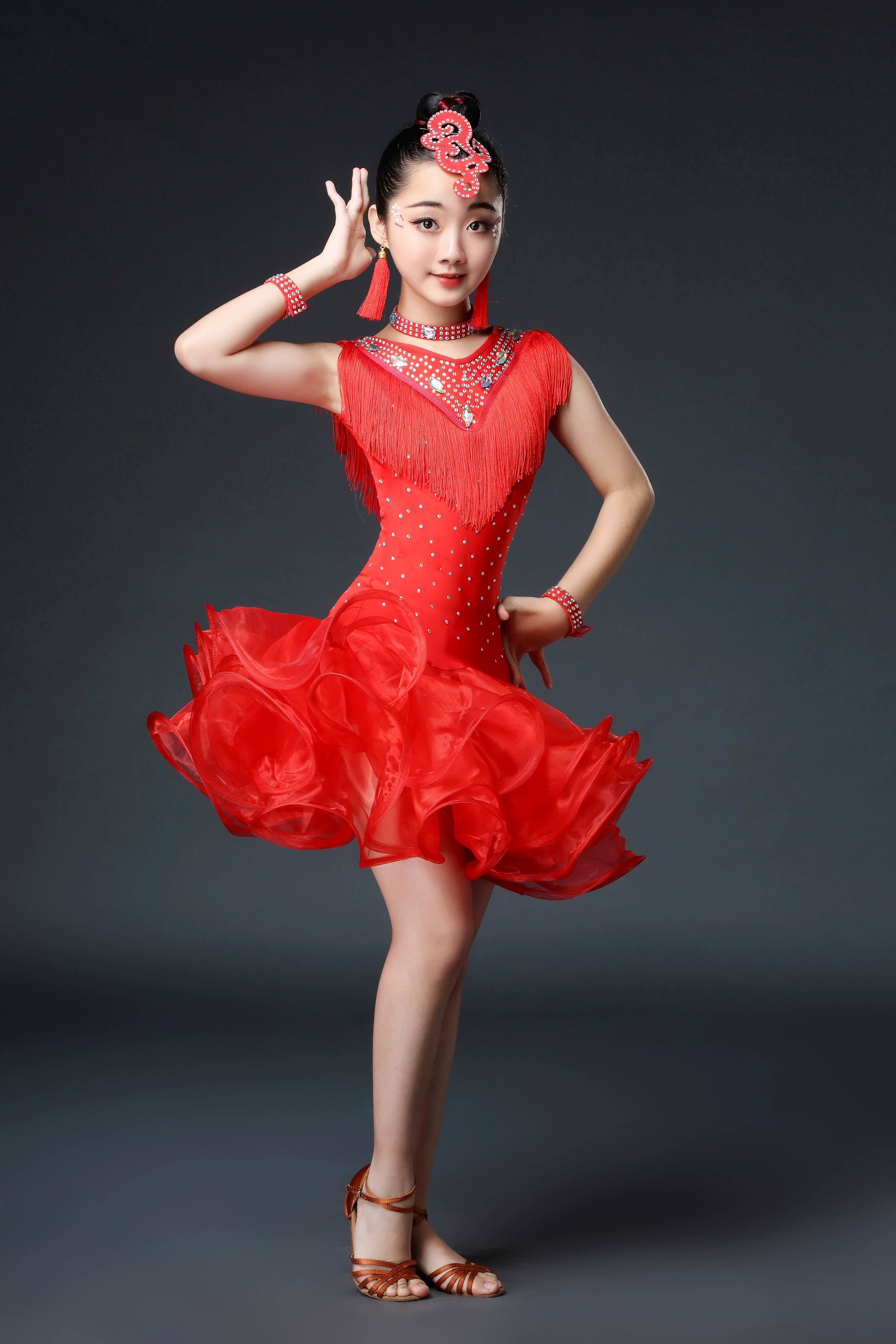 Kids Girls Competition Tassel Latin Dance Dresses Orange Red White Green Salsa Chacha Latin Party Performance Costume - Moderndancedress.com