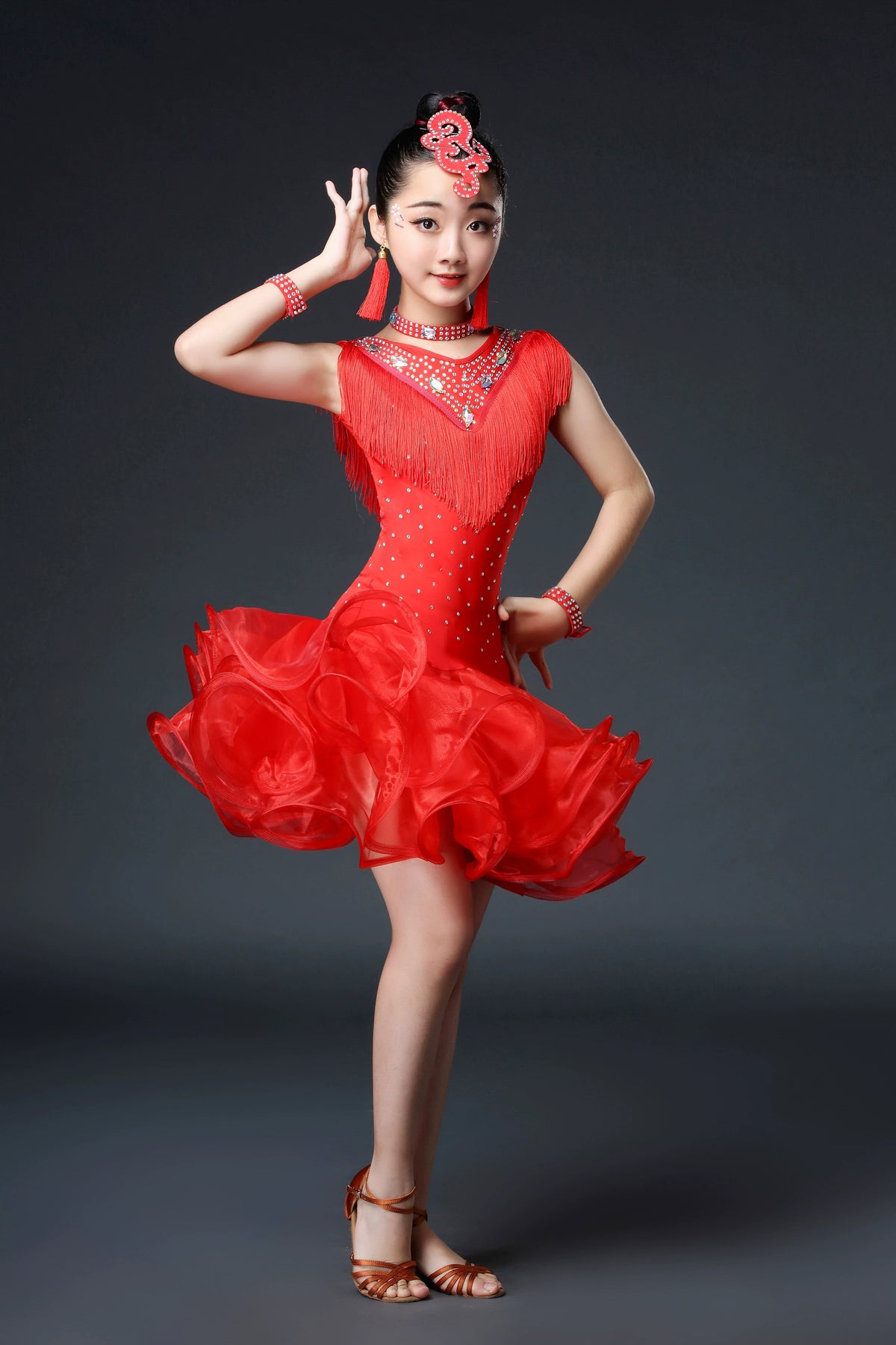 Kids Girls Competition Tassel Latin Dance Dresses Orange Red White Green Salsa Chacha Latin Party Performance Costume - Moderndancedress.com