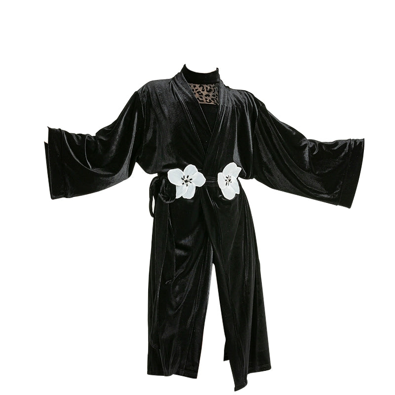Girls kids leopard black velvet Latin dance robe  for children ballroom salsa rumba practice dancing catwalk performance outwear long coat - Moderndancedress.com