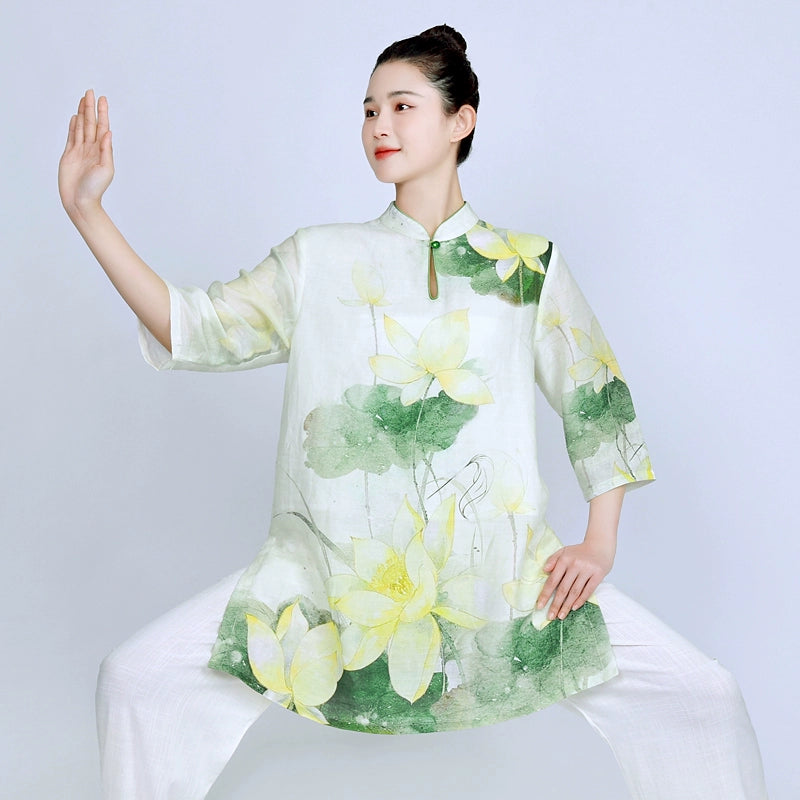 Tai Chi clothing for women green lotus linen breathable wushu martial art chinese kung fu morning exercises performance uniform for female - Moderndancedress.com