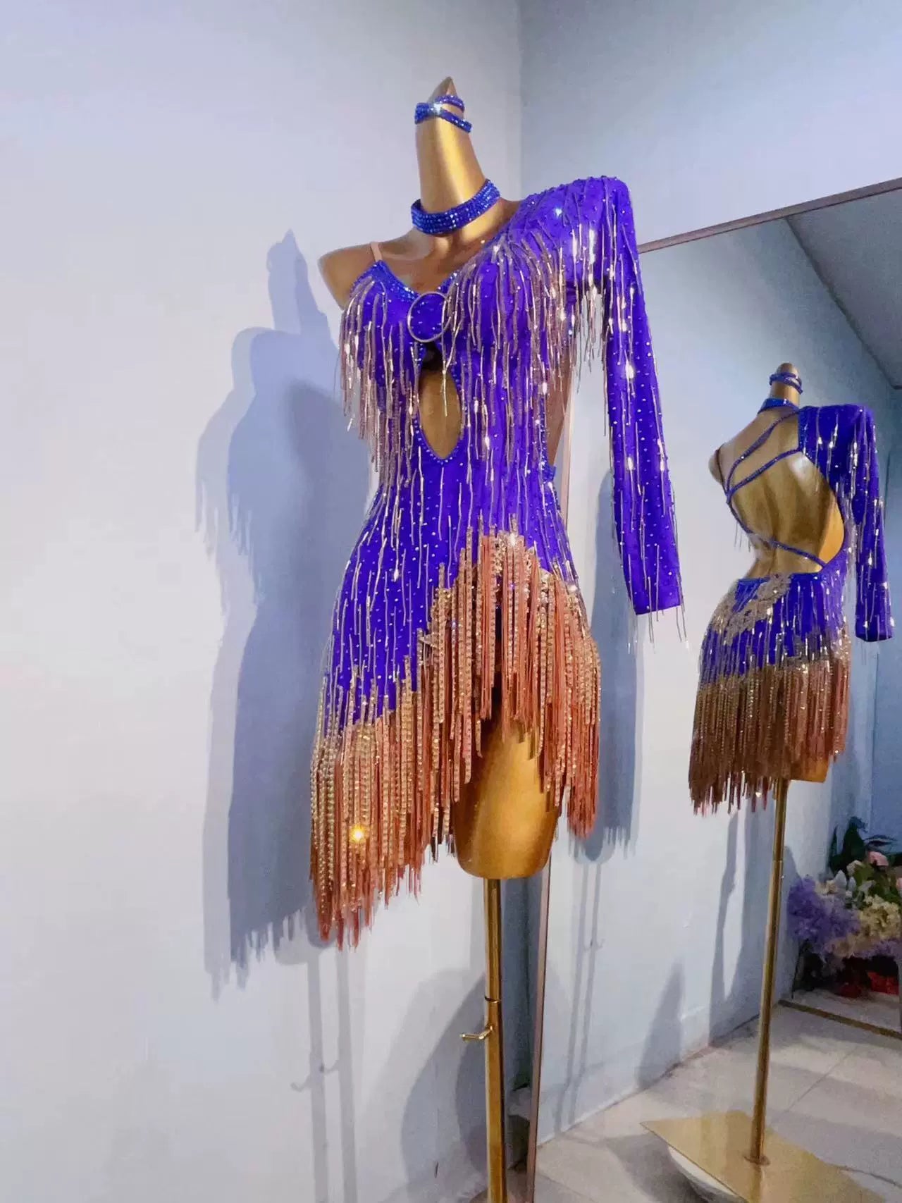 Custom size violet competition Latin dance dresses for girls kids adult salsa rumba chacha samba performance clothes handmade with bling gemstones - Moderndancedress.com