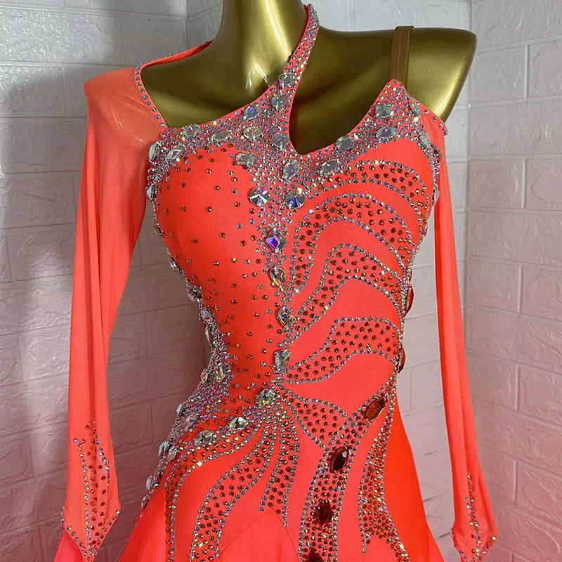 Custom Coral Orange Ballroom Dance Dress Rhinestone Waltz Tango Competition Gown