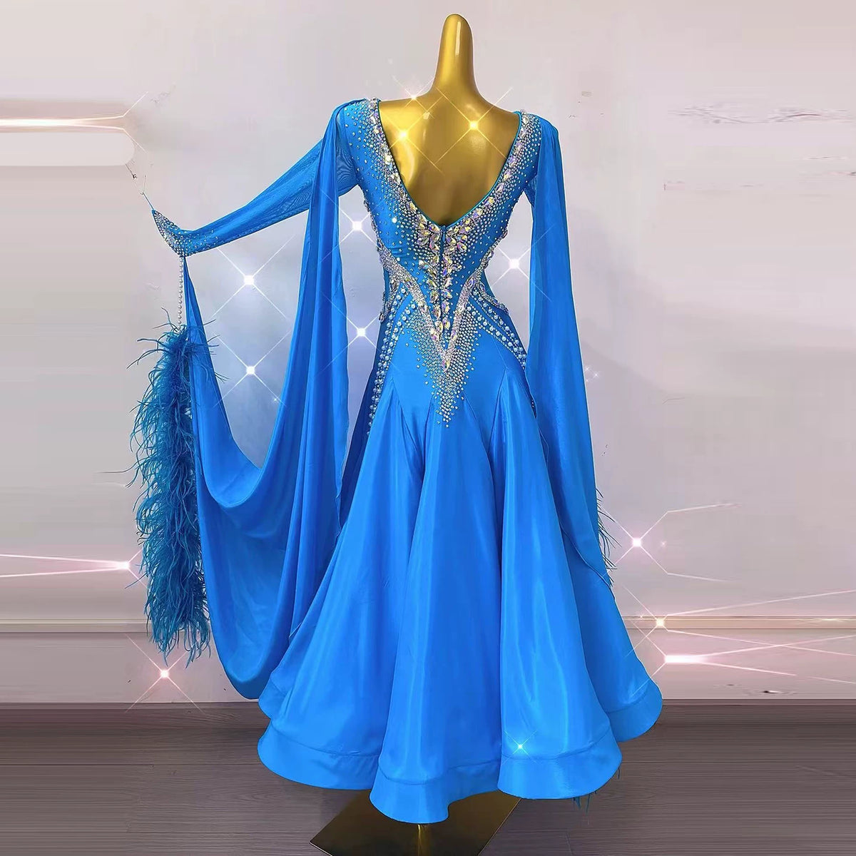 Custom Blue Ballroom Dance Dress Competition Crystal Waltz Gown
