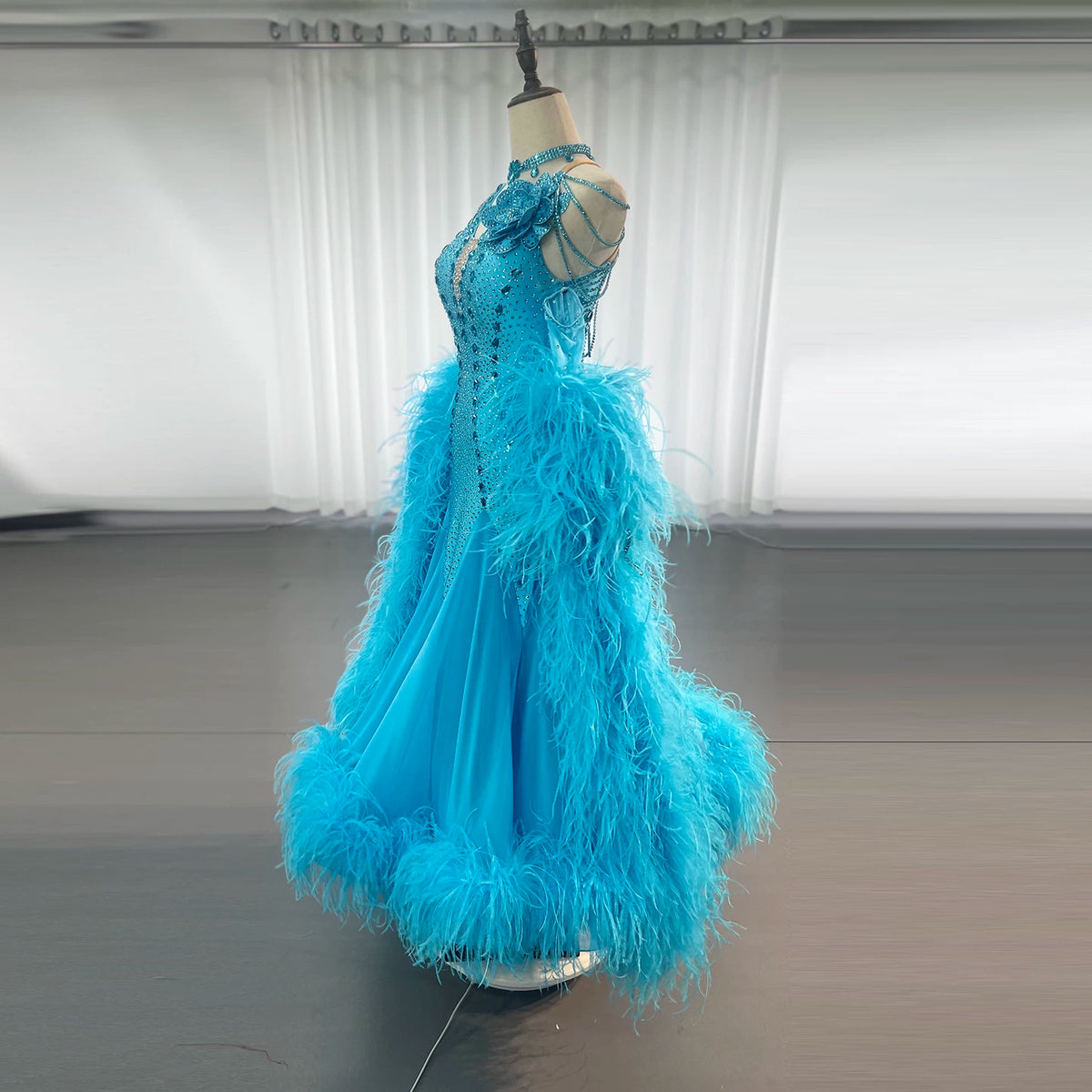 Custom Cyan Blue Ostrich Feather Competition Ballroom Dance Dress