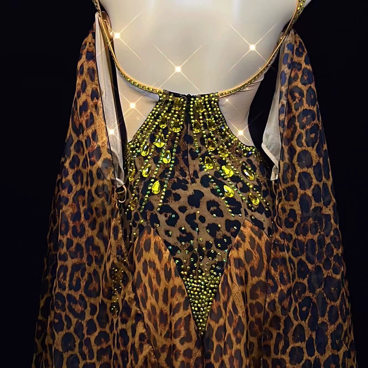 Custom Leopard Ballroom Dance Dress with Gold Stones Modern Waltz Tango Performance Gown