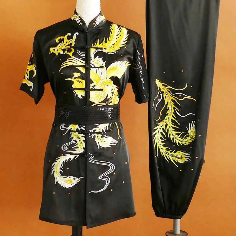 Custom Size Embroidery Gold Phoenix Competition Tai Chi Clothing for Unisex Wushu Changquan Nanquan Performance Uniforms
