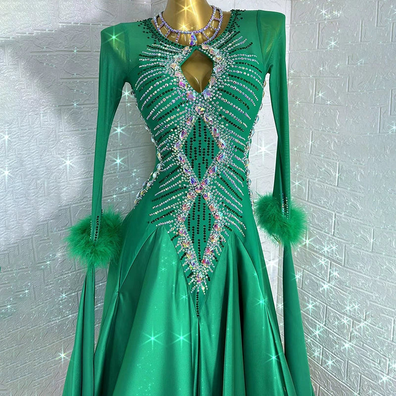 Custom Size Green Pearl Satin  Competition Ballroom Dance Dresses for Women Girls Waltz Tango Smooth Dance Long Gown - Moderndancedress.com