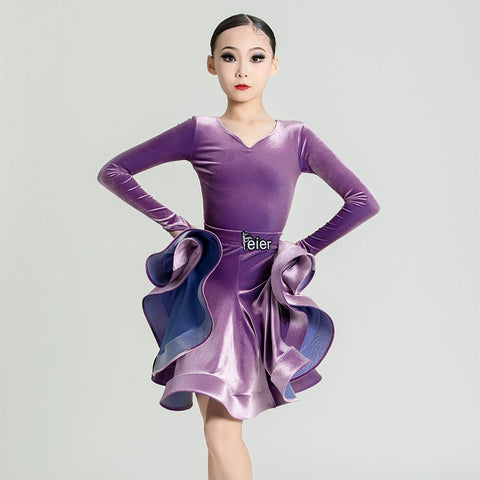 Girls Purple wine velvet ballroom Latin Dance Competition dresses kids International Dance salsa rumba chacha performance skrirts - Moderndancedress.com
