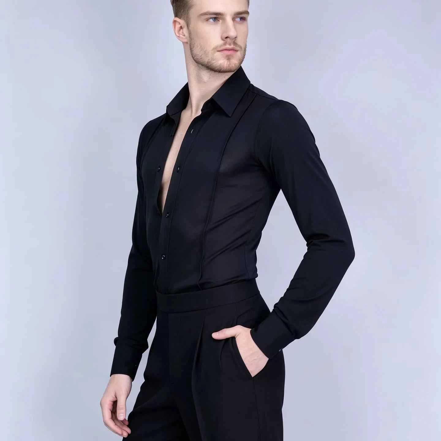 Men's Black Stretchable Latin Dance Shirt - Slim Fit Long Sleeves