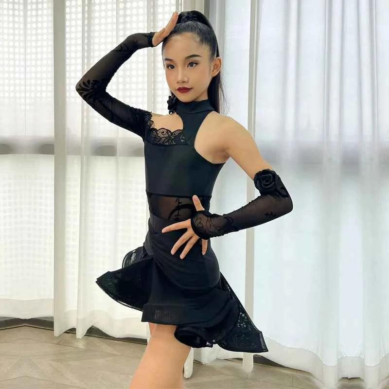 Girls Black Latin Dance Dresses Slant Neck Lace One Shoulder Salsa Rumba Chacha Performance Practice Costumes for Kids - Moderndancedress.com